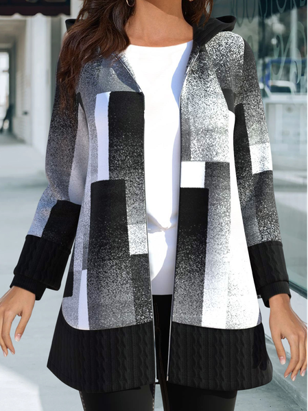 

Casual Patchwork Geometric Print Black Hooded Long Sleeve Coat, Cardigans