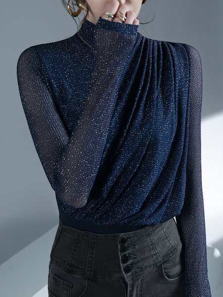 

Daily Long sleeve Simple Turtleneck T-Shirt, Dark blue, Tees