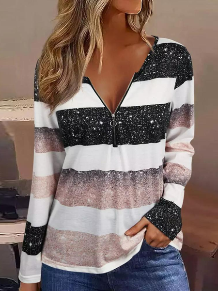 

Casual RStriped Glitter Print Zip Front Long Sleeve Top, Multicolor, T-Shirts