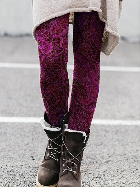 

Thick Warm Elastic Band Tight Paisley Leggings, Fuchsia, Leggings