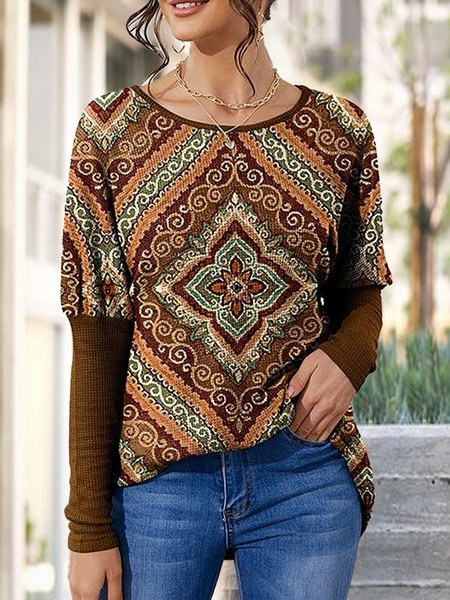 

Wool/Knitting Ethnic Boho Crew Neck Top, Multicolor, Tops
