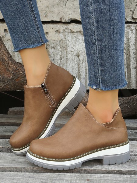 

Plus Size Vintage Plain Zip Up Low Heel Boots, Khaki, Boots