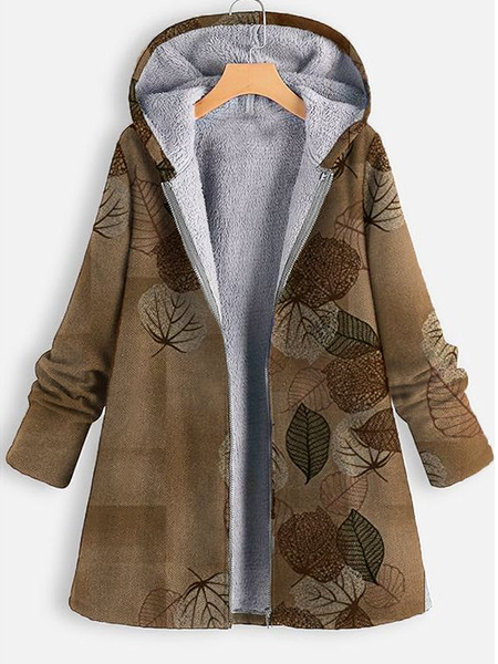 Fluff/Granular Fleece Fabric Leaf Casual Teddy Coat, Deep khaki, Coats
