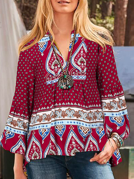 

Loose Boho Ethnic V Neck Blouse, Multicolor, Shirts & Blouses