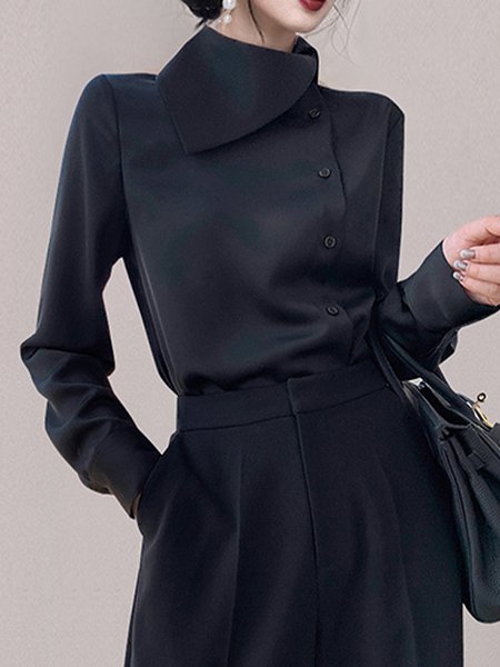 

Long sleeve Elegant Shirt Collar Blouse, Black, Blouses and Shirts
