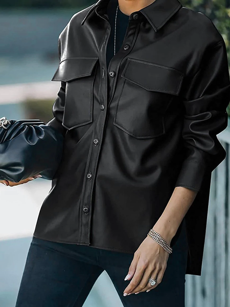 

Loose Shirt Collar Long sleeve Urban Mid-long Jacket, Black, Jackets