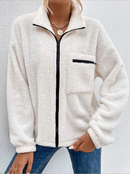 

Casual Color Block Cross Neck Teddy Jacket, White, Outerwear