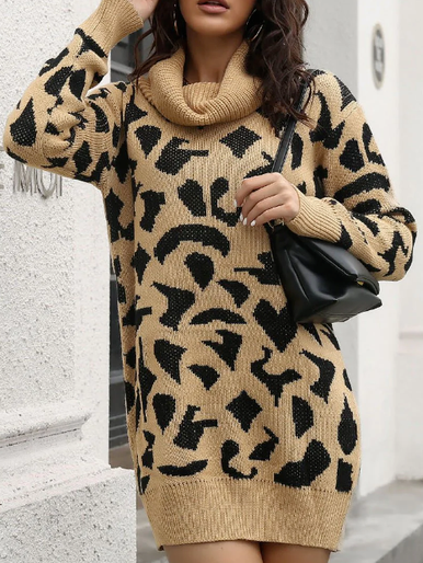 

Leopard Print Turtleneck Dress, Khaki, Dresses