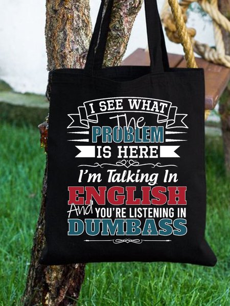 

I See What The Problem Is Here Funny Text Letter Shopping Tote Bag, Black, Bags