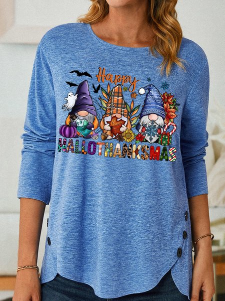 

Women's Happy Hallitanksmas Merry Christmas Funny Christmas Gnome Graphic Print Casual Crew Neck Cotton-Blend Top, Blue, Long sleeves