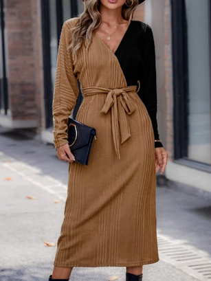 

Casual V Neck Colorblock Dress, Khaki, Midi Dresses
