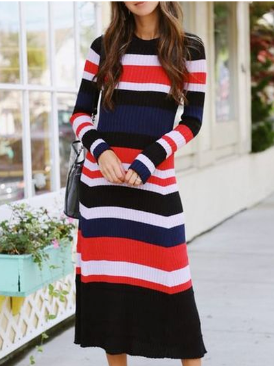 

Striped Casual Crew Neck Dress, As picture, Dresses