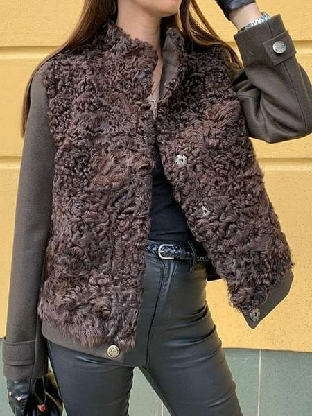 

Loose Stand Collar Long sleeve Urban Plain Teddy Jacket, Brown, Others