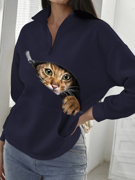 

V Neck Loose Cat Sweatshirt, Blue, Sweatshirts & Hoodies