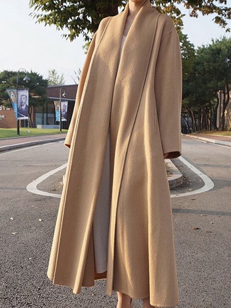 

Daily Long sleeve Loose Shawl Collar Simple Overcoat, Khaki, Coats