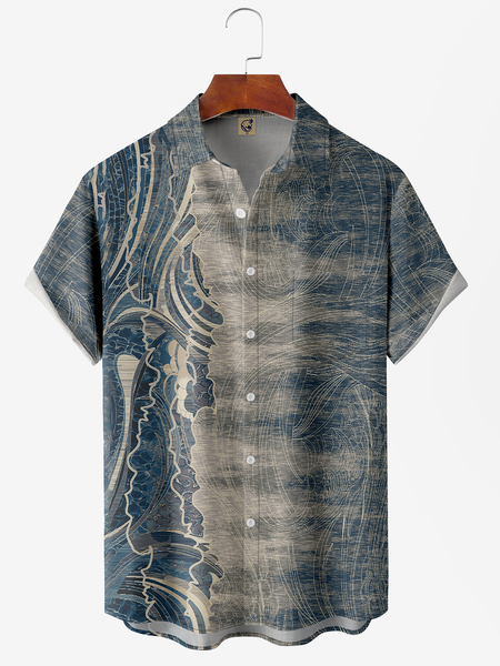 

Gradient Texture Chest Pocket Short Sleeve Casual Shirt, Blue, Men Shirts