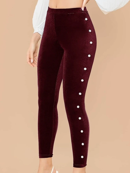 

Plain Casual Fashion Velvet Pants, Wine red, Pants