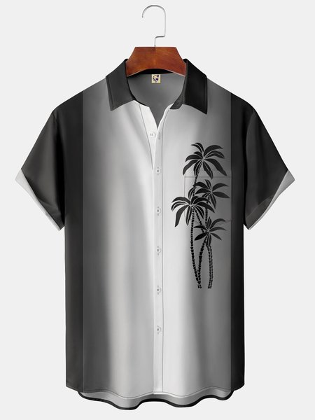 

Gradient Coconut Tree Chest Pocket Short Sleeve Shirt, Black, Men Shirts