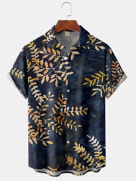 

Leaf Chest Pocket Short Sleeve Hawaiian Shirt, Blue, Men Shirts