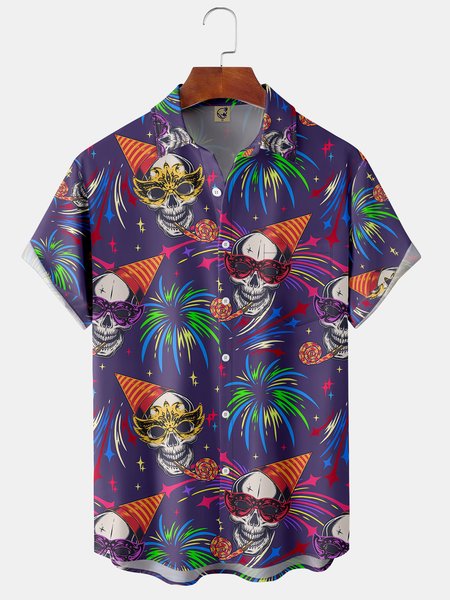 

Mask Skull Chest Pocket Short Sleeve Shirt, Purple, Men Shirts