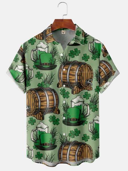 

Beer Four-Leaf Clover Chest Pocket Short Sleeve Shirt, Green, Men Shirts