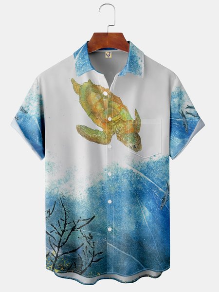 

Watercolor Sea Turtle Chest Pocket Short Sleeve Hawaiian Shirt, Blue, Men Shirts