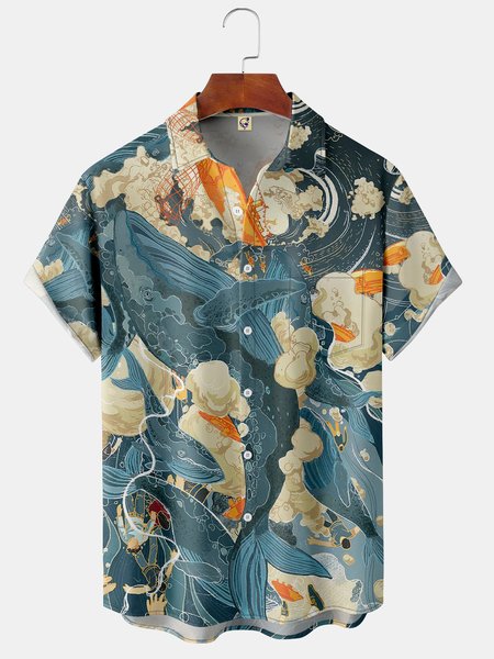 

Art Painting Whale Chest Pocket Short Sleeve Shirt, Blue, Men Shirts