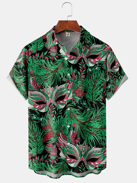 

Mask Chest Pocket Short Sleeve Shirt, Green, Men Shirts