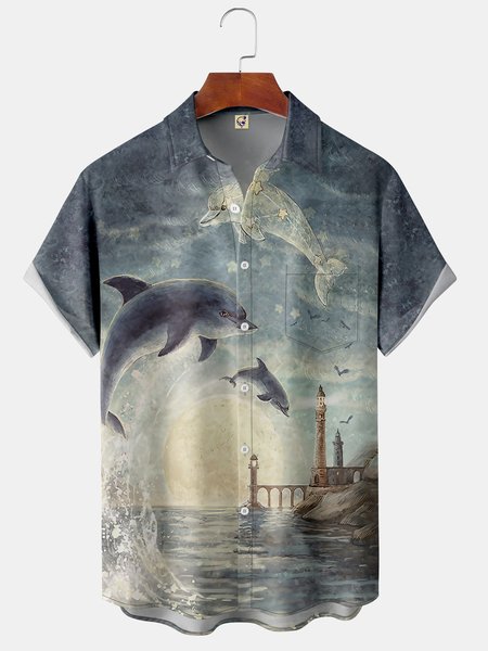 

Art Painting Dolphin Chest Pocket Short Sleeve Hawaiian Shirt, Blue, Men Shirts