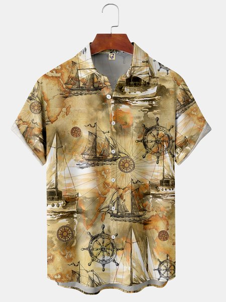 

Sailboat Chest Pocket Short Sleeve Hawaiian Shirt, Khaki, Men Shirts