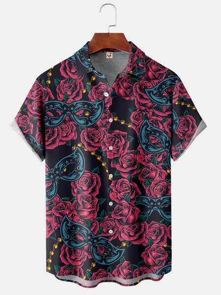 

Rose Mask Chest Pocket Short Sleeve Shirt, Black, Men Shirts