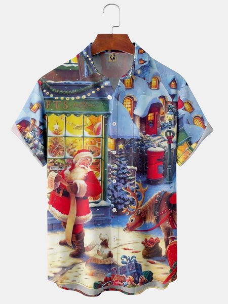 

Santa Claus Chest Pocket Short Sleeve Shirt, Blue, Men Shirts
