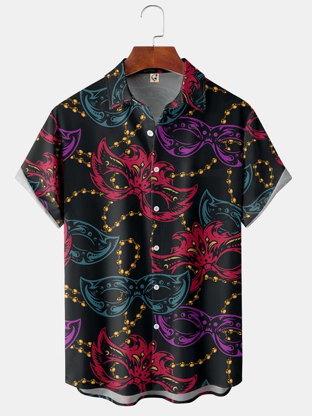 

Mask Chest Pocket Short Sleeve Shirt, Black, Men Shirts