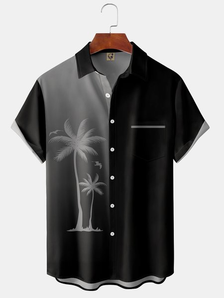 

Gradient Coconut Tree Chest Pocket Short Sleeve Shirt, Black, Men Shirts