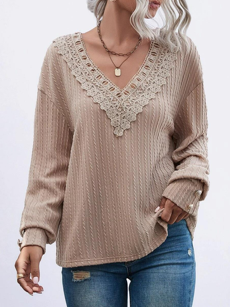 

Casual Contrast Guipure Lace Drop Shoulder Tee, Khaki, Tops