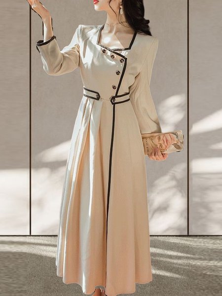 

Long sleeve Regular Fit Plain Dress, Black-white, Maxi Dresses