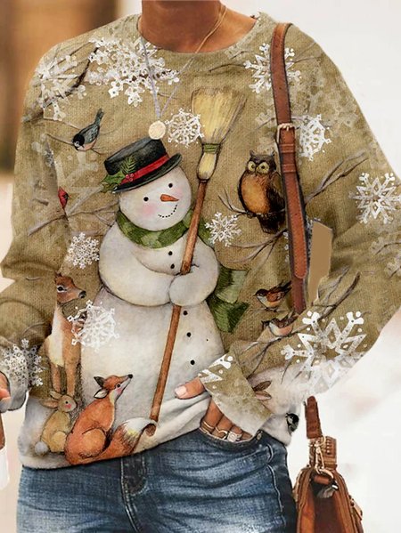 

Women's Sweatshirt Christmas Snowman Printed Crew Neck Regular Fit, Brown, Sweatshirts & Hoodies