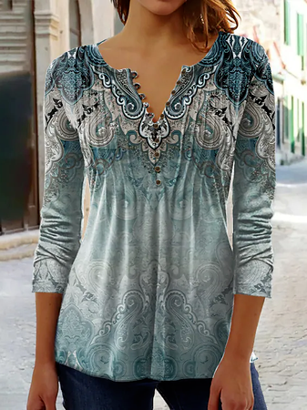

Casual V Neck Cotton-Blend Top, Light blue, Tops