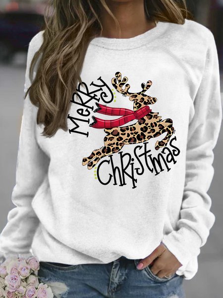 

Women's Merry Christmas Leopard Grain Deer Graphic Print Crew Neck Casual Sweatshirt, White, Hoodies&Sweatshirts