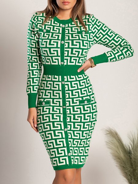 

Long sleeve Daily Long sleeve Geometric Elegant Dress, Green, Midi Dresses