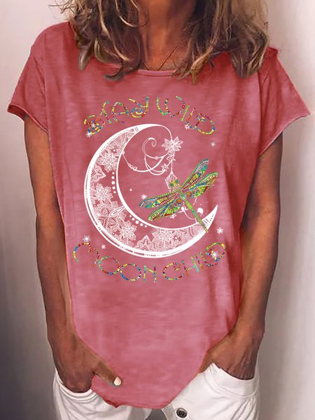 

Womens Stay Wild Moonchild Dragonfly Letters Casual T-Shirt, Red, T-shirts