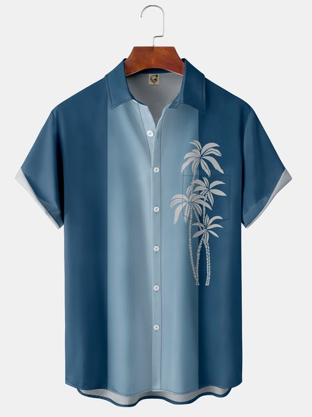 

Gradient Coconut Tree Chest Pocket Short Sleeve Shirt, Blue, Men Shirts