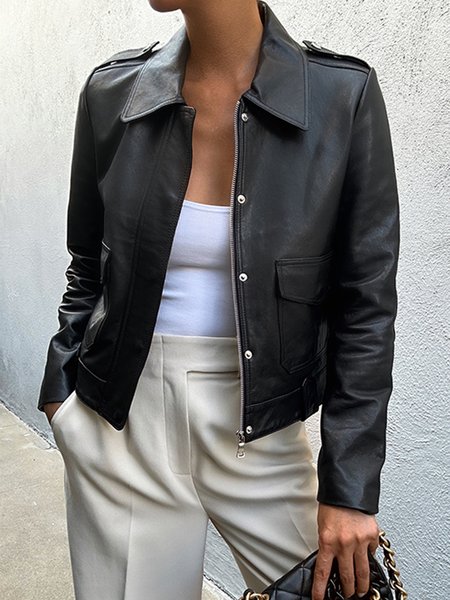 

Plain Shirt Collar Long Sleeve Jacket, Black, Jackets
