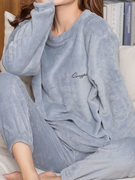 

Warm Coral Fleece Pajama Set Long Sleeve Pants Loungewear Plus Size, Blue, Suits