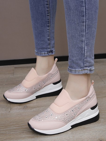 

Plus Size Casual Rhinestone Slip On Wedge Sneakers, Pink, Sneakers
