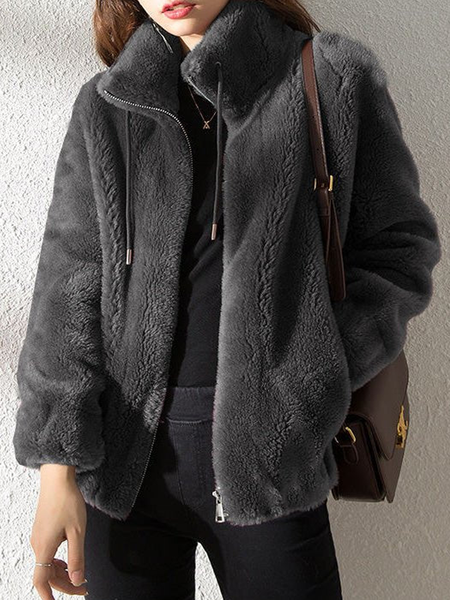 

Loose Teddy Stand Collar Long sleeve Jacket, Gray, Others