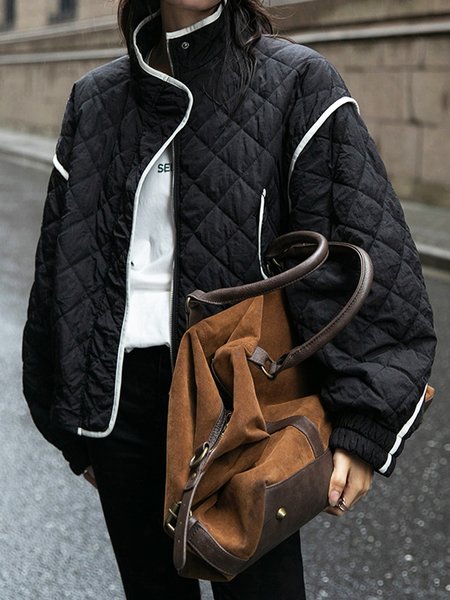 

Urban Stand Collar Long Sleeve Color Block Fleece Coat, Black, Others
