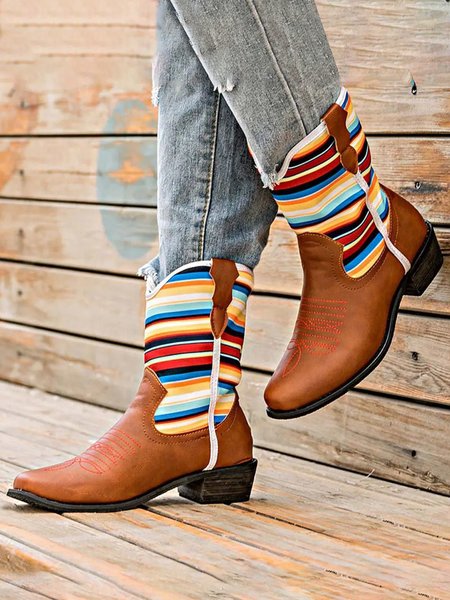 

Western Style Colorful Striped Panel Cowboy Boots, As picture, Boots