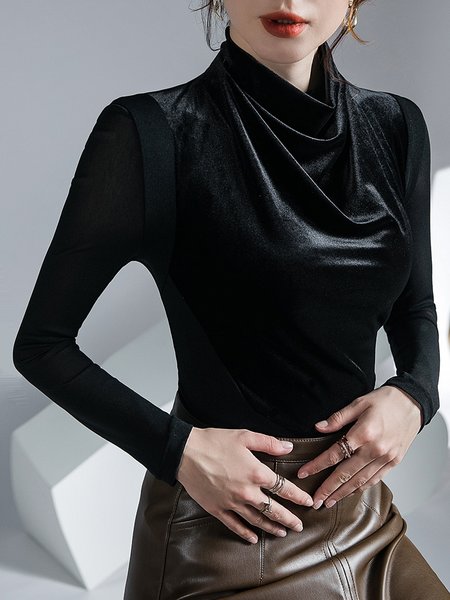 

Plain Daily Long sleeve Half Turtleneck Simple T-Shirt, Black, Tees