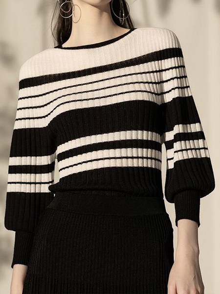 

Elegant Crew Neck Wool/Knitting Sweater, Black-white, Pullovers
